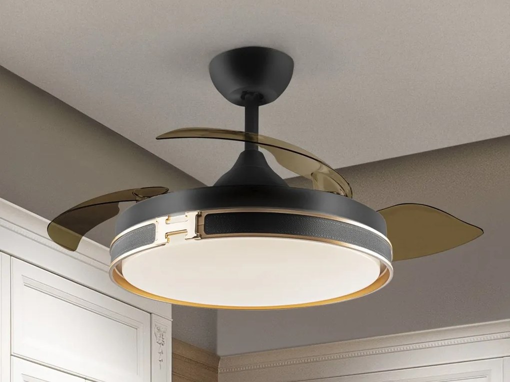 Lustra LED cu Ventilator si telecomanda, lame retractabile HERON negru/auriu