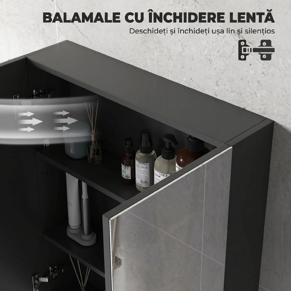 HOMCOM Dulap Suspendat de Baie cu 2 Uși cu Oglindă și 2 Rafturi Interne 60x15x75cm, Negru | Aosom Romania