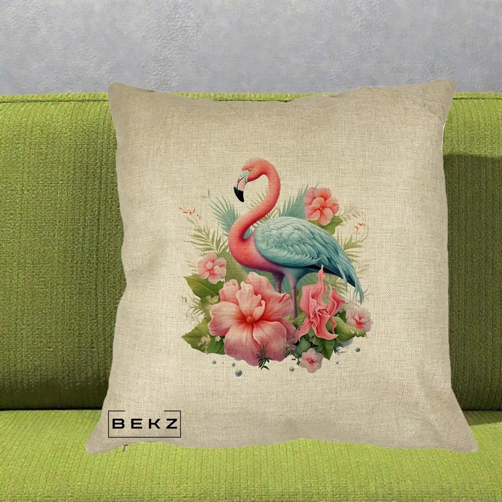 Perna Decorativa Flamingo cu Hibiscus Tropical, 40x40 cm, Crem, Husa Detasabila, Perna Inclusa, BEKZ®
