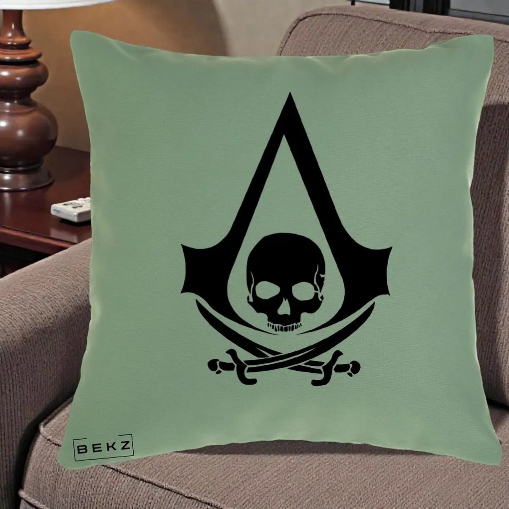 Perna Personalizata Assassin's Creed Black Flag Skull, 40x40 cm, Verde, Husa Detasabila, Perna Inclusa, BEKZ®