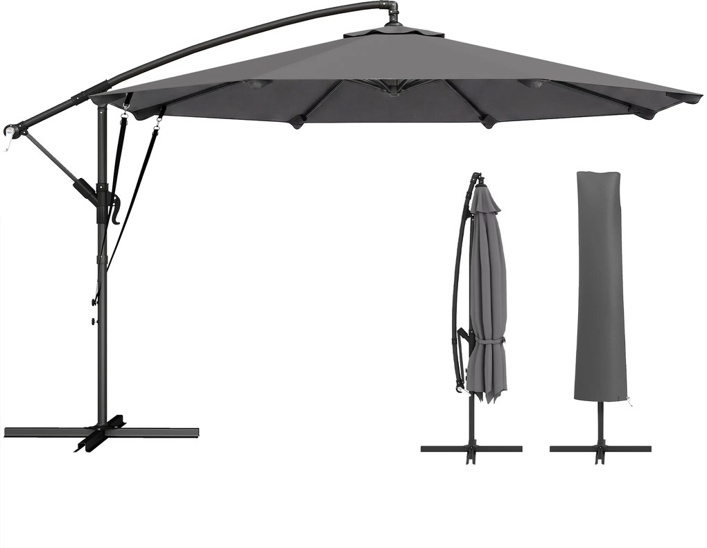 Outsunny Umbrelă Excentrică Ø300 cm cu Bază Încrucișată Manivelă Husă de Protecție și Sfori Anti-vânt UPF30+ Gri închis | Aosom Romania