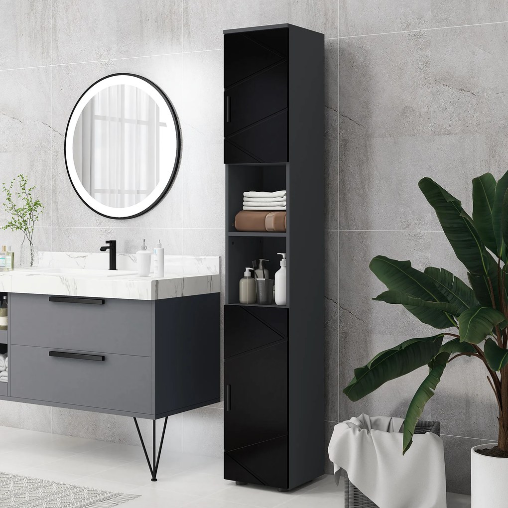 Dulap Baie, Inalt de 183cm cu 2 rafturi deschise si doua dulapuri cu 2 nivele, 30x30x183cm, Negru kleankin | Aosom Romania