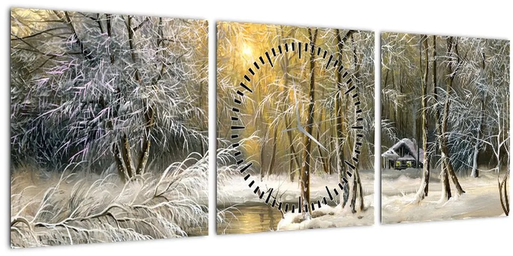Tablou - Cabană în pădure, pictură în uei (cu ceas) (90x30 cm)