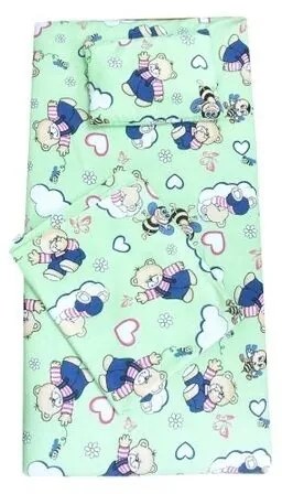 Set din finet paturica bebe cu cearsaf si pernuta pt pat 120x60 cm Deseda Ursi cu albine pe verde