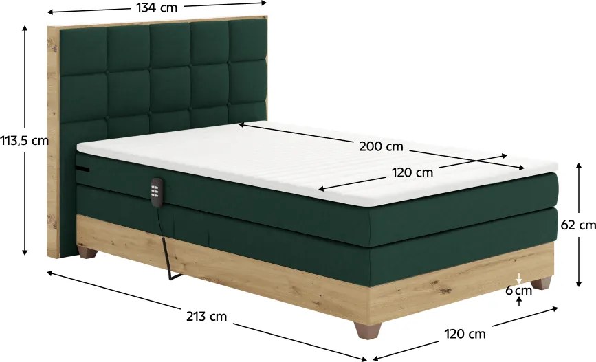 Pat electric reglabil, boxspring, verde/stejar artizanal, 120x200, TIANA