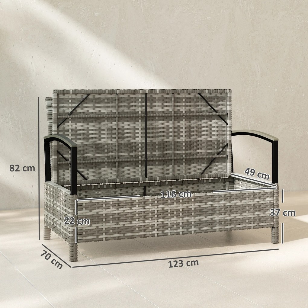 Outsunny Bancă cu depozitare 2 locuri bancă cu perne și mânere 125 L Poly Rattan 123 x 70 x 82 cm Gri închis | Aosom Romania