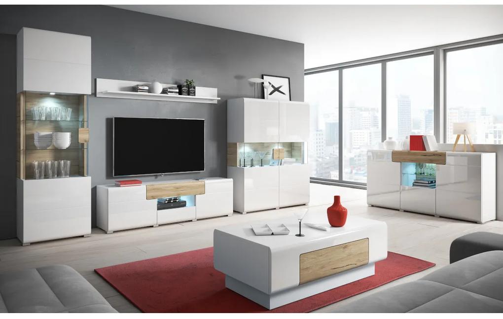 Supermobel Comoda TV TOLEDO WM XL (40), 208x47x39, alb/alb luciu/stejar san remo + LED