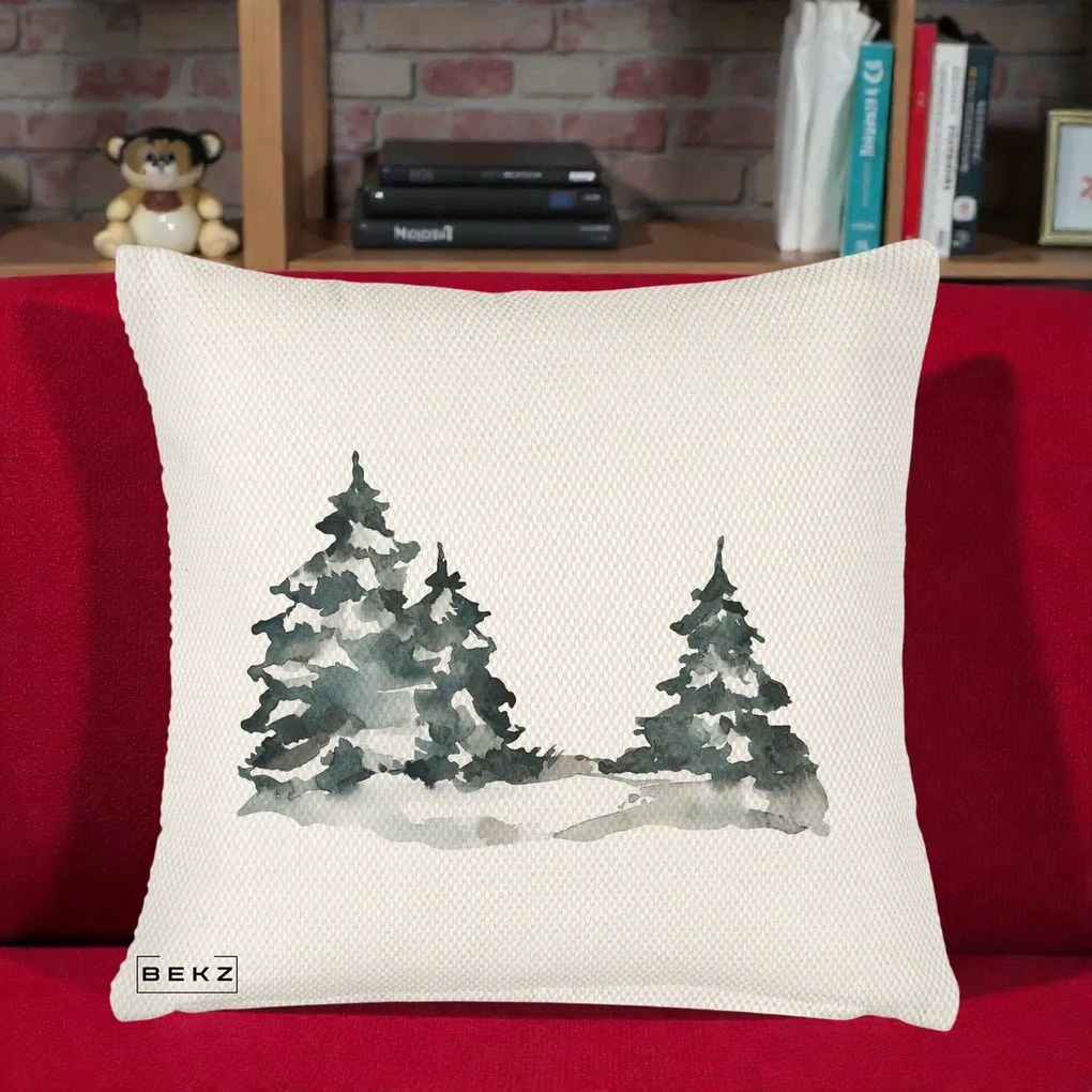 Perna Decorativa Brazi Inzapeziti Acuarela, 40x40 cm, Crem Reliefat, Husa Detasabila, Perna Inclusa, BEKZ®