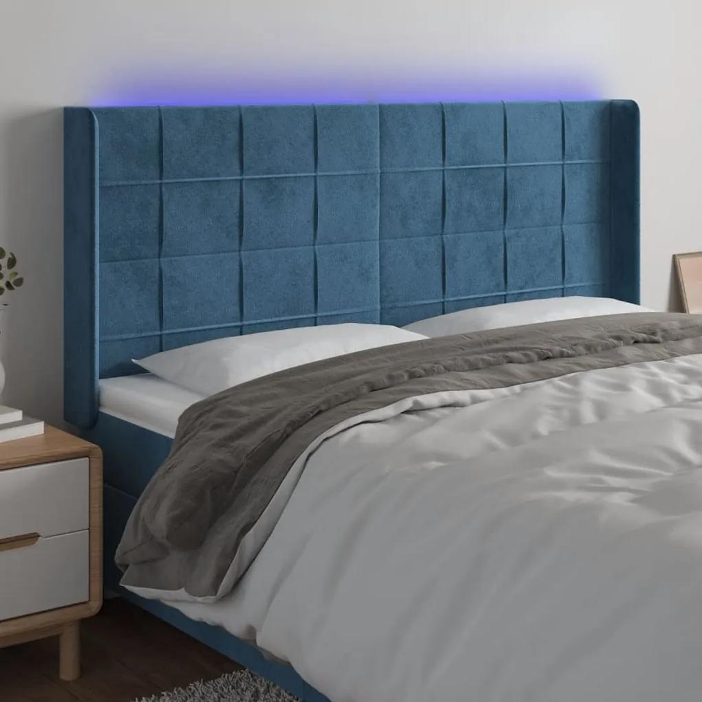 3124106 vidaXL Tăblie de pat cu LED, albastru închis, 163x16x118/128cm catifea