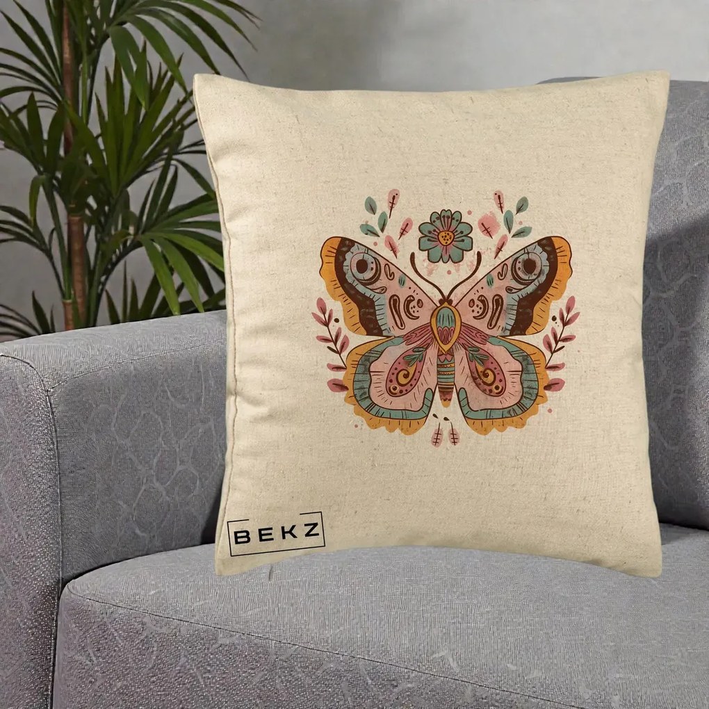 Perna Decorativa Fluture Boho Floral, 40x40 cm, Bej, Husa Detasabila, Perna Inclusa, BEKZ®