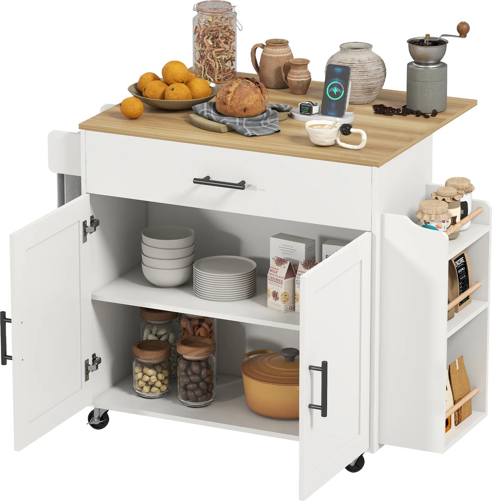 HOMCOM Insulă de bucătărie, cărucior pe roți, cu blat pliant, sertar, raft, 120 x 68 x 85 cm, Alb | Aosom Romania