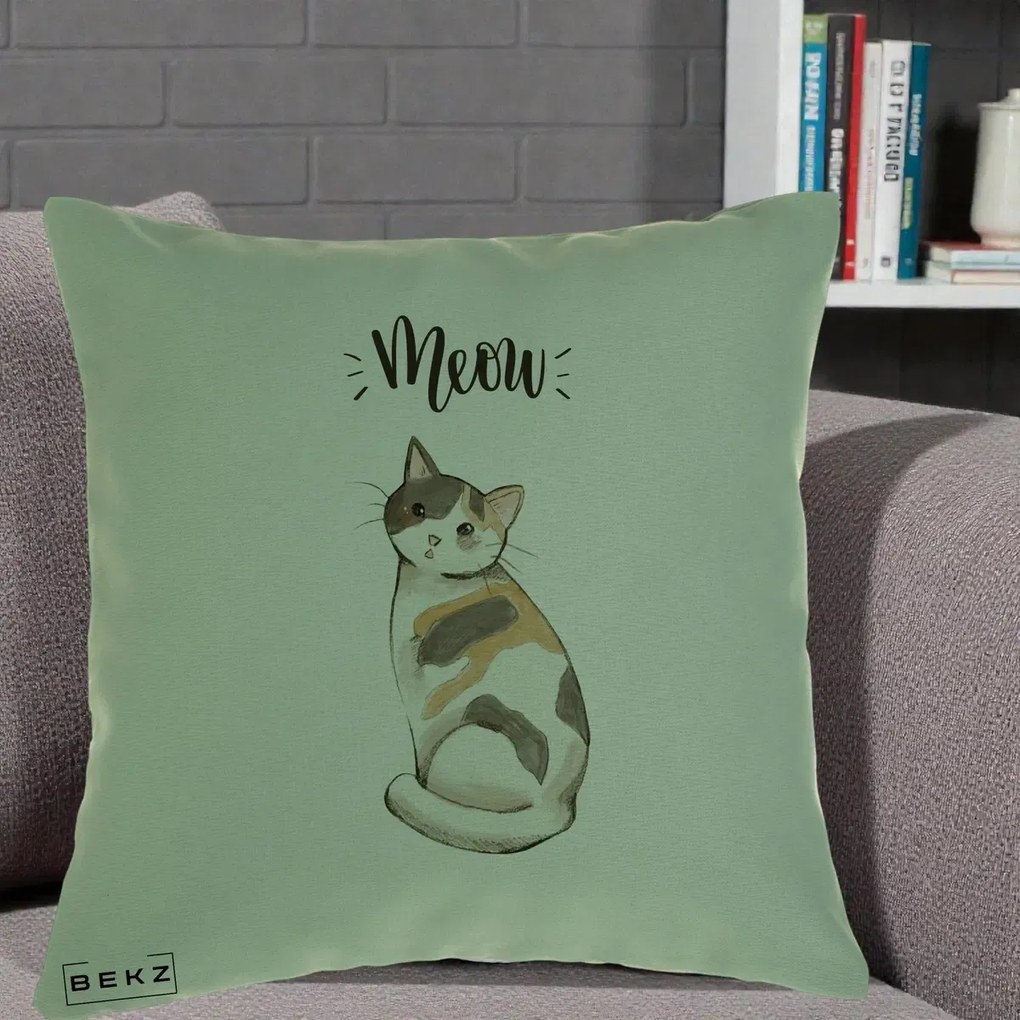Perna Personalizata Pisica Meow Acuarela, 40x40 cm, Verde, Husa Detasabila, Perna Inclusa, BEKZ®