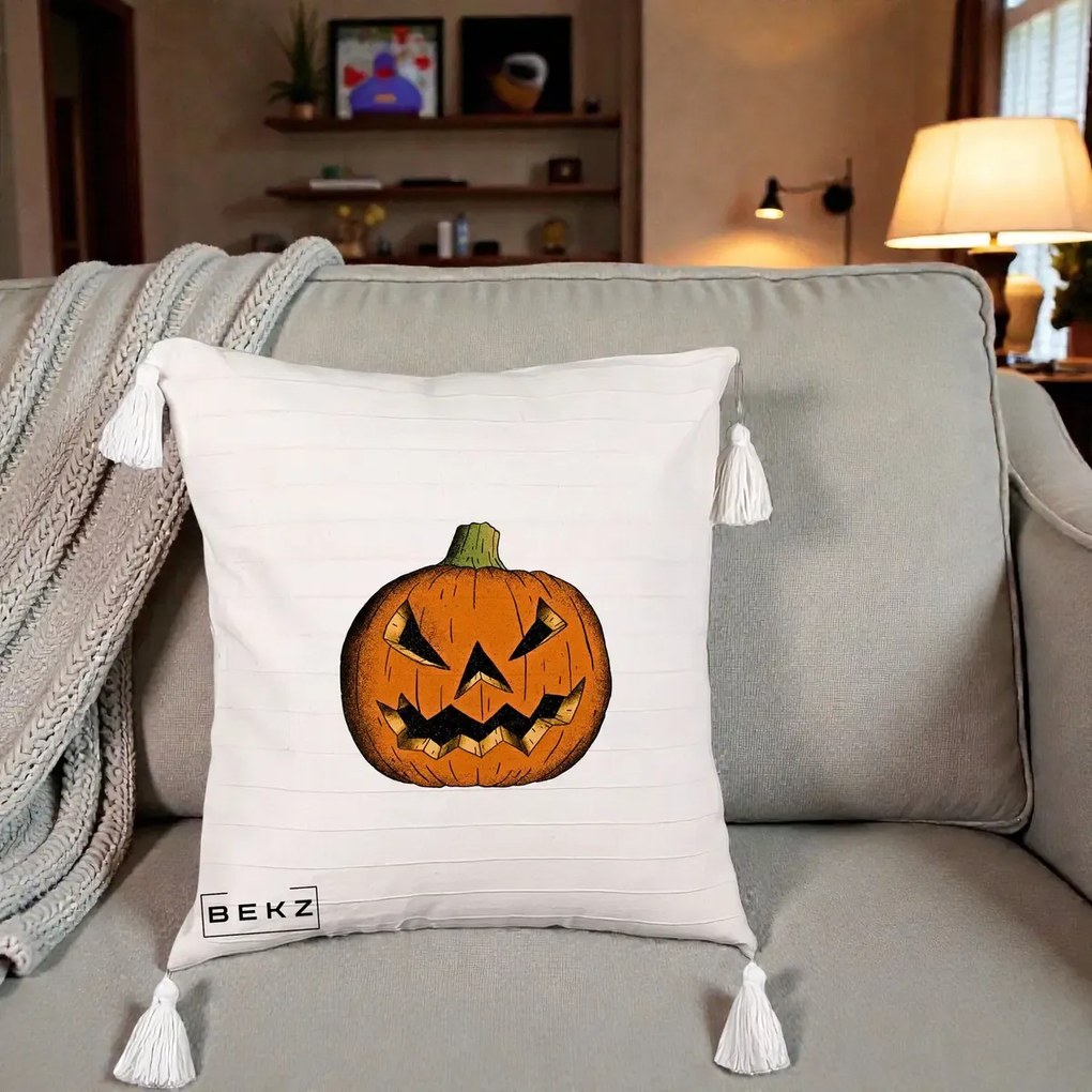 Perna Decorativa Halloween Dovleac Portocaliu Clasic, 40x40 cm, Bej cu Franjuri, Husa Detasabila, Perna Inclusa, BEKZ®