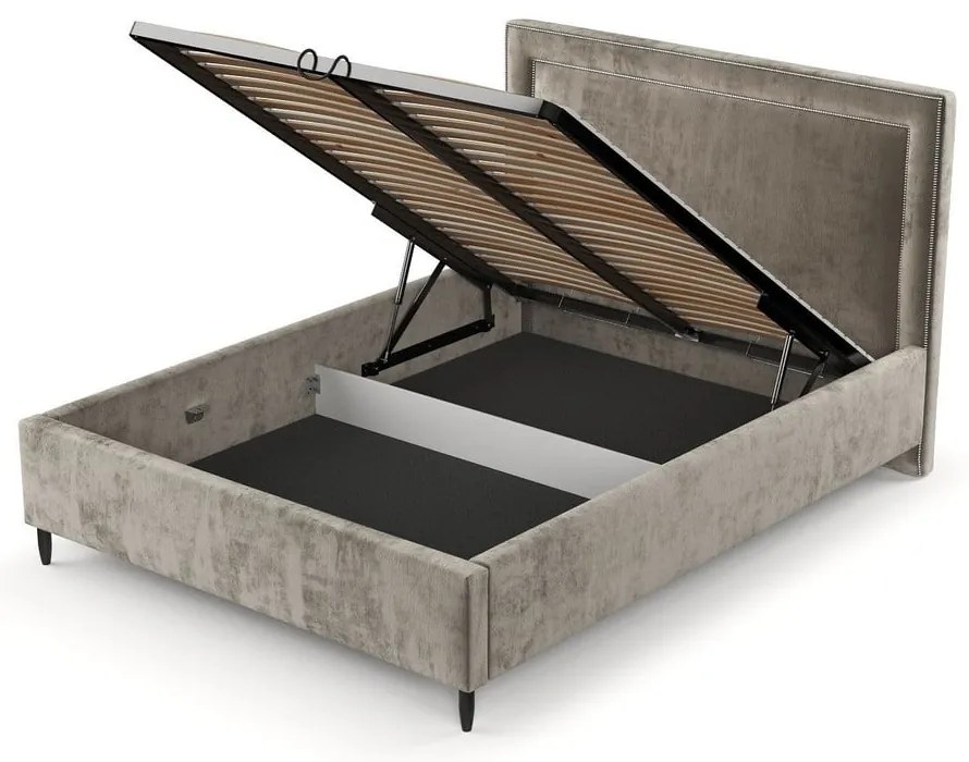 Pat matrimonial bej tapițat cu spațiu de depozitare cu somieră 160x200 cm Baleine – Maison de Rêve