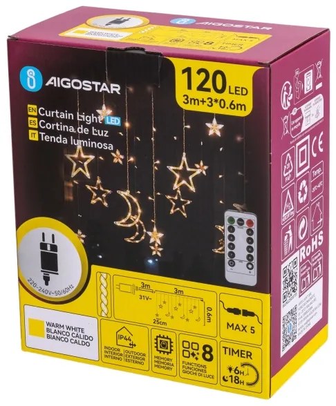 Aigostar - Ghirlandă LED de exterior pentru Crăciun, 120 LED, 6 W, 230 V, 8 moduri, 3 x 0,6 m, IP44, alb cald DO