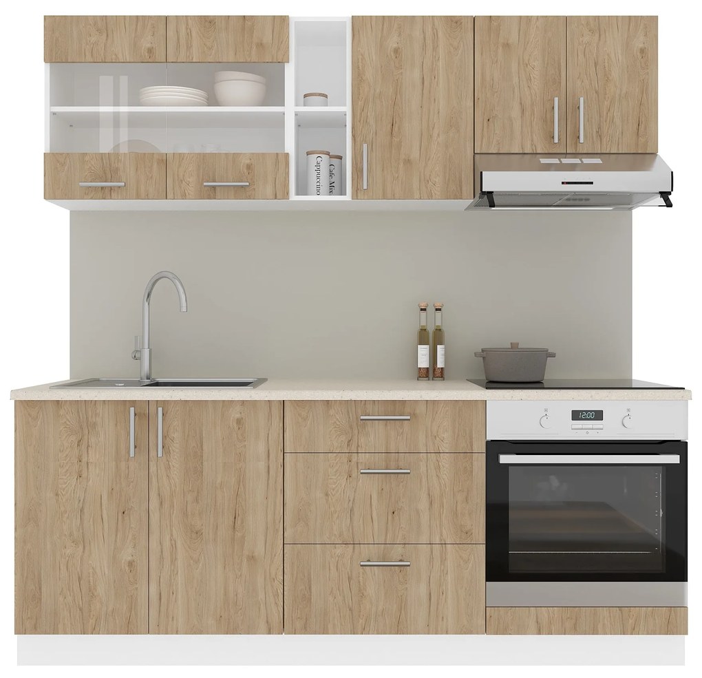 Set Bucatarie Karo V12, Lemn Natural/Alb, Blat Thermo 28 mm, L 200 cm