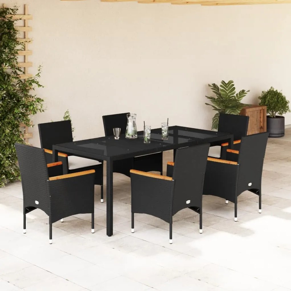 3278649 vidaXL Set mobilier de grădină cu perne 7 piese negru poliratan&sticlă