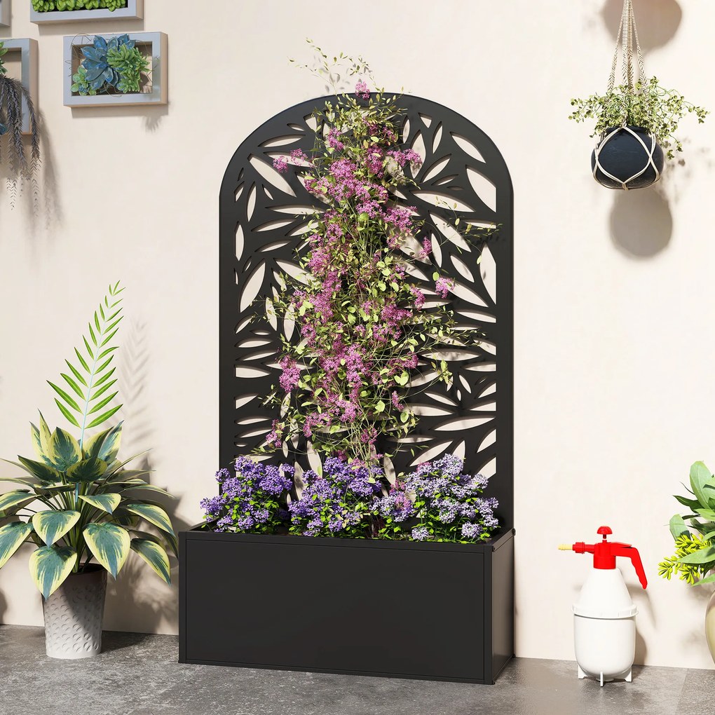 Outsunny Jardiniere Ridicată pentru Grădină și Balcon cu Spalier Arcuit Decorat cu Frunze, pentru Flori și Legume, Montare pe Perete sau Utilizare Independentă, Negru | Aosom Romania