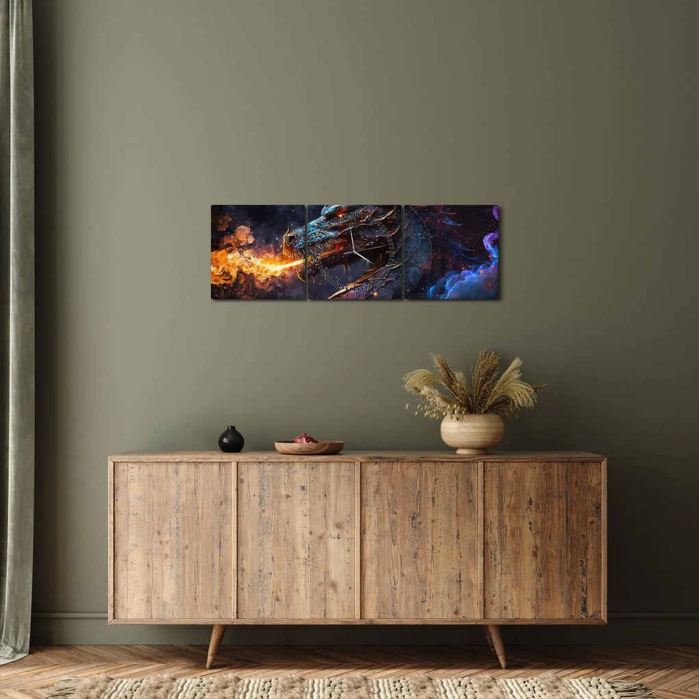 Tablou - Dragon scuipând flăcări (cu ceas) (90x30 cm)