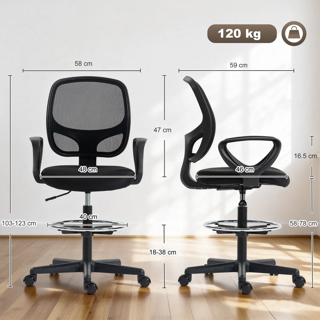 HOMCOM Scaun de birou ergonomic, fotoliu de birou cu suport pentru picioare și cotiere, înălțime reglabilă, 59x58x103-123cm, negru | Aosom Romania
