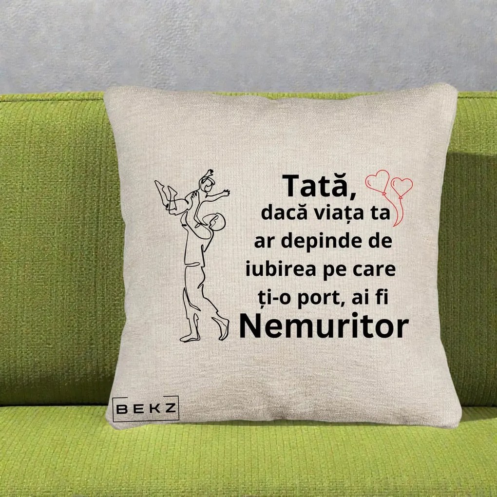 Cadou pentru Tata - Perna Personalizata Tata Nemuritor Joaca in Aer, 40x40 cm, Bej Canapea, Husa Detasabila, Perna Inclusa, BEKZ®