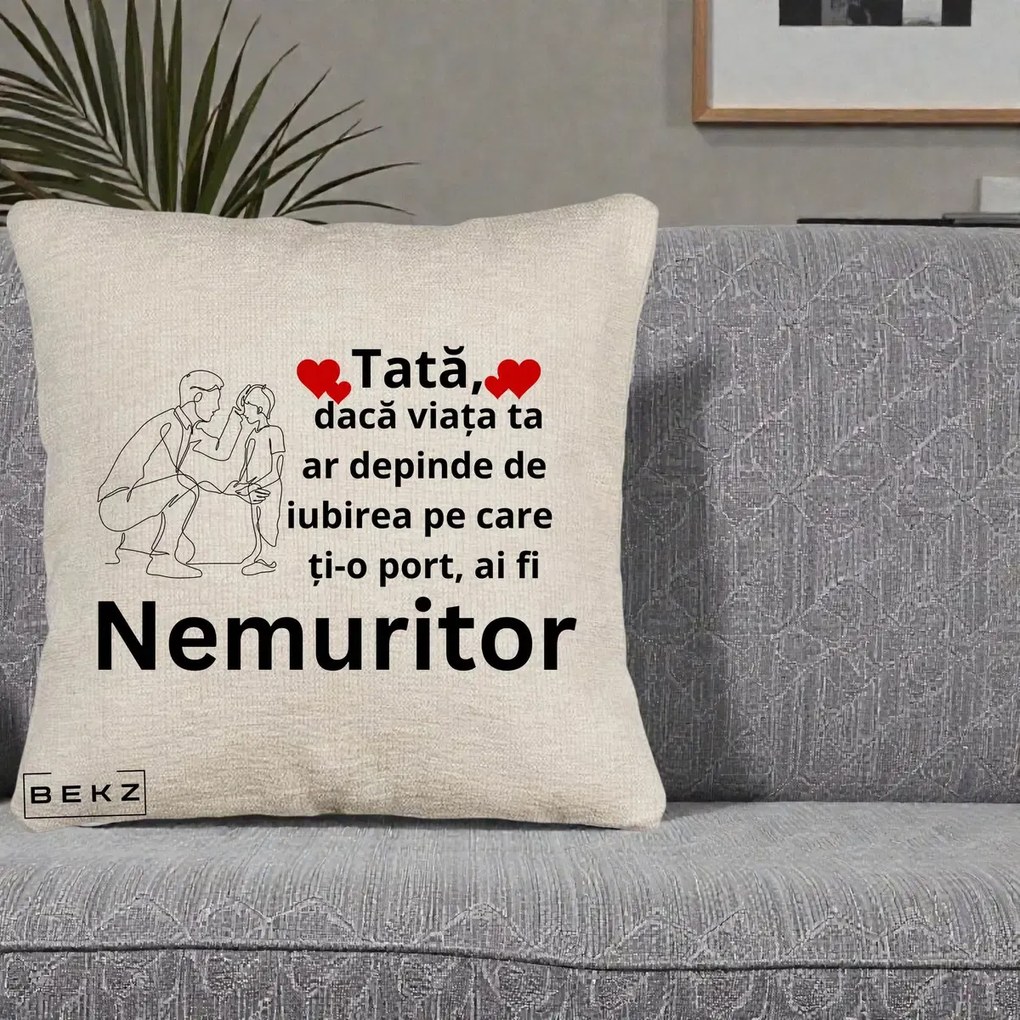 Cadou pentru Tata - Perna Personalizata Tata Nemuritor Baietel, 40x40 cm, Bej Canapea, Husa Detasabila, Perna Inclusa, BEKZ®