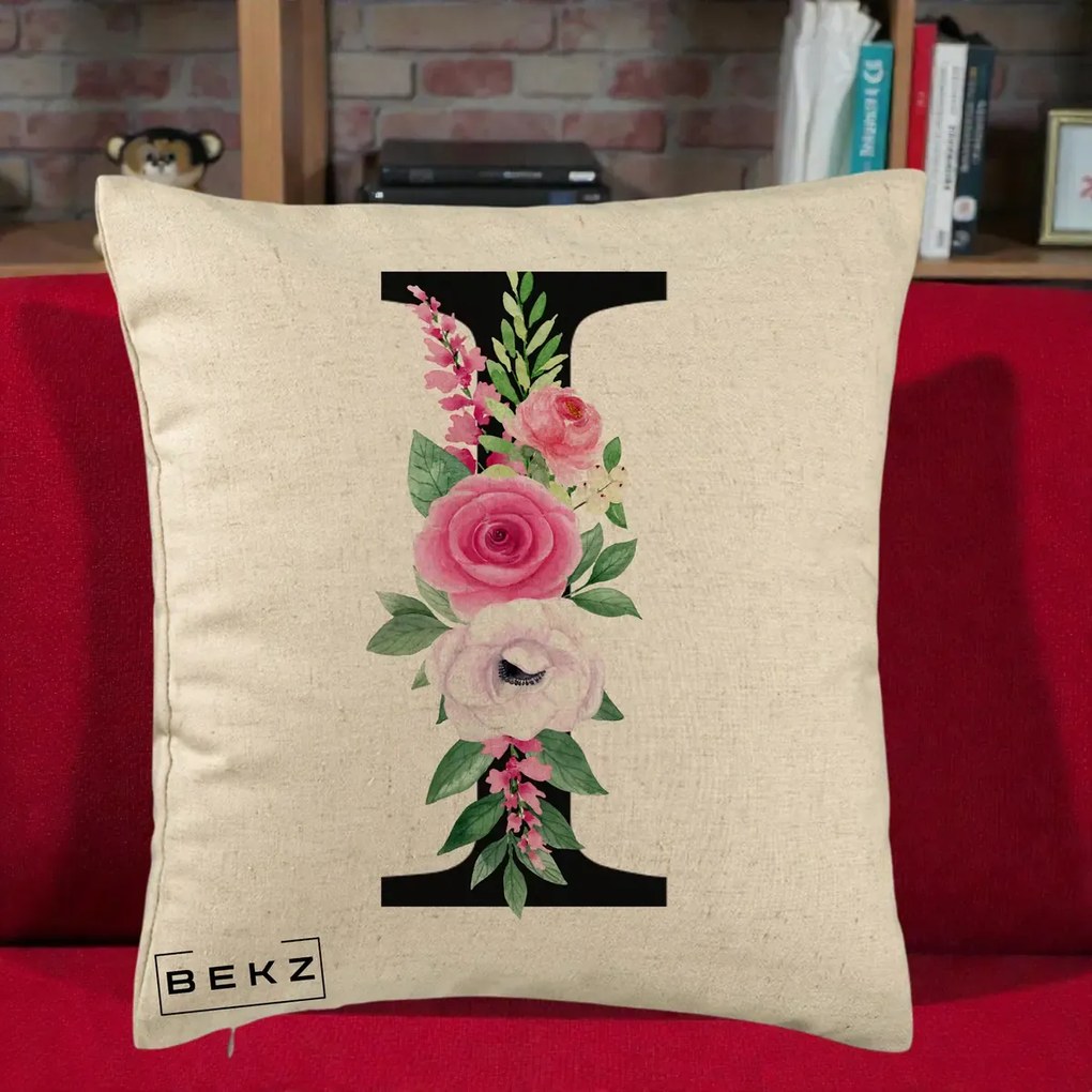 Cadou Personalizat - Perna Personalizata Monograma Florala Litera I, 40x40 cm, Bej, Husa Detasabila, Perna Inclusa, BEKZ®