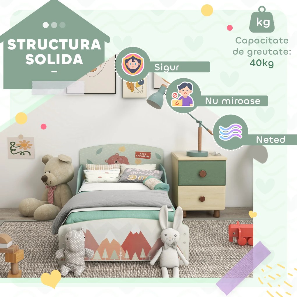 ZONEKIZ Pat pentru Copii 3-6 Ani cu Margini Înălțate și Design cu Animale, 77x143x60 cm, Verde | Aosom Romania