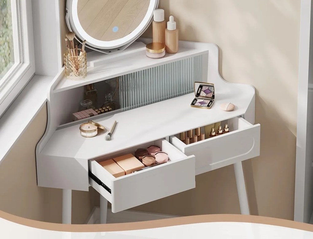 Masuta machiaj cu Oglinda LED si 2 Sertare pentru Cosmetice, Set Masa toaleta 90 cm, Alb, masuta cosmetica, vanity - SEA493