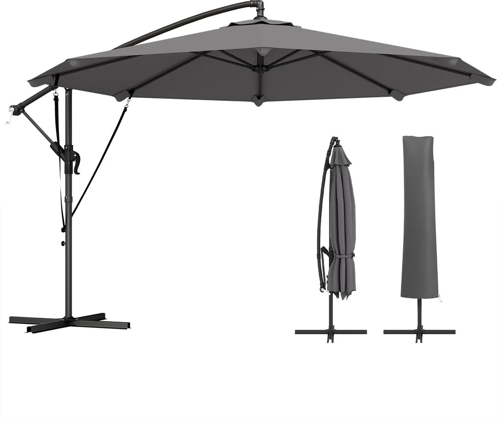 Outsunny Umbrelă Excentrică Ø300 cm cu Bază Încrucișată Manivelă Husă de Protecție și Sfori Anti-vânt UPF30+ Gri închis | Aosom Romania