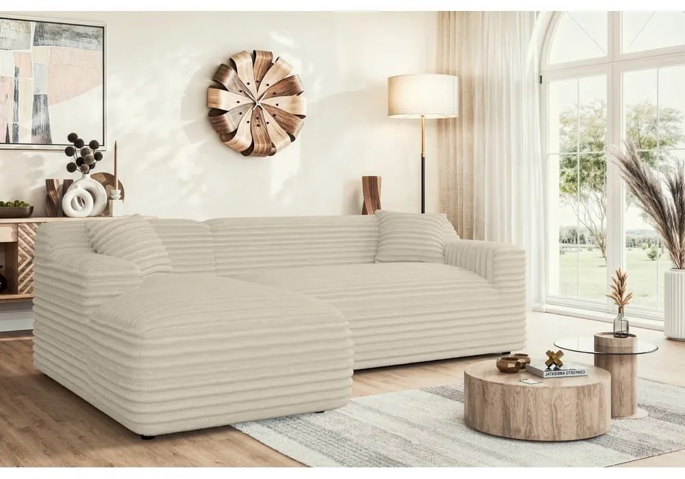 Colțar bej cu tapițerie din catifea reiată (cu colț pe partea stângă, cu șezlong) Martin – Ropez