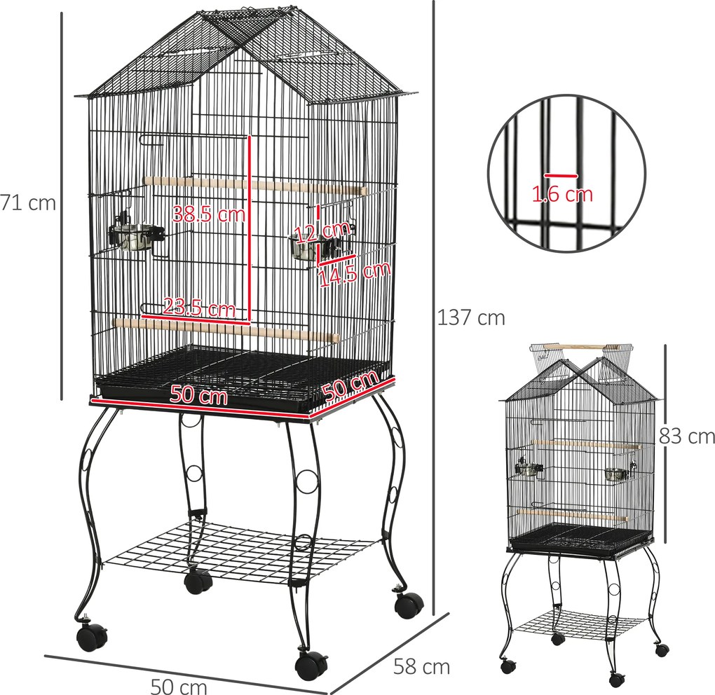 PawHut Cușcă pentru păsări pe suport cu 2 mese perșoare tavă detașabilă mâner și roți 50 x 58 x 137/145 cm negru | Aosom Romania