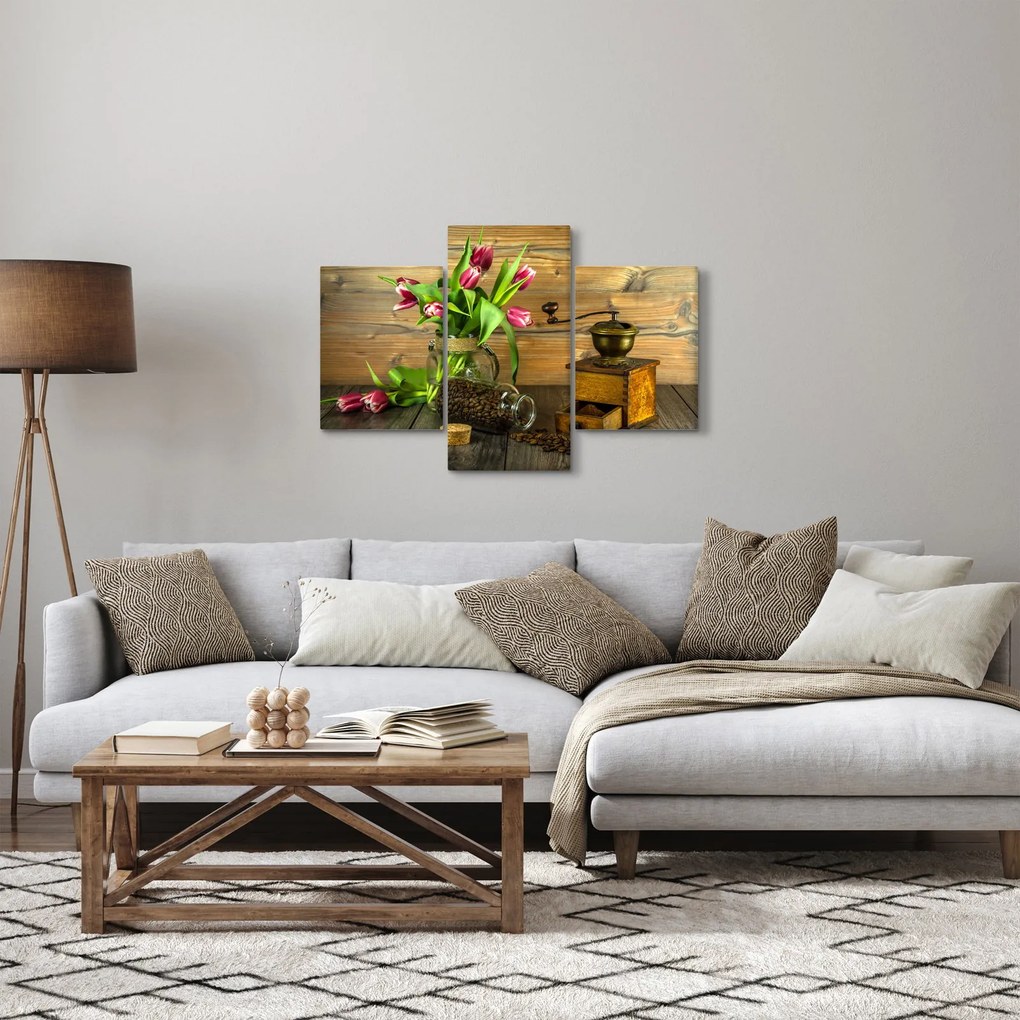 Tablou - lalele, râșniță și cafea (90x60 cm)