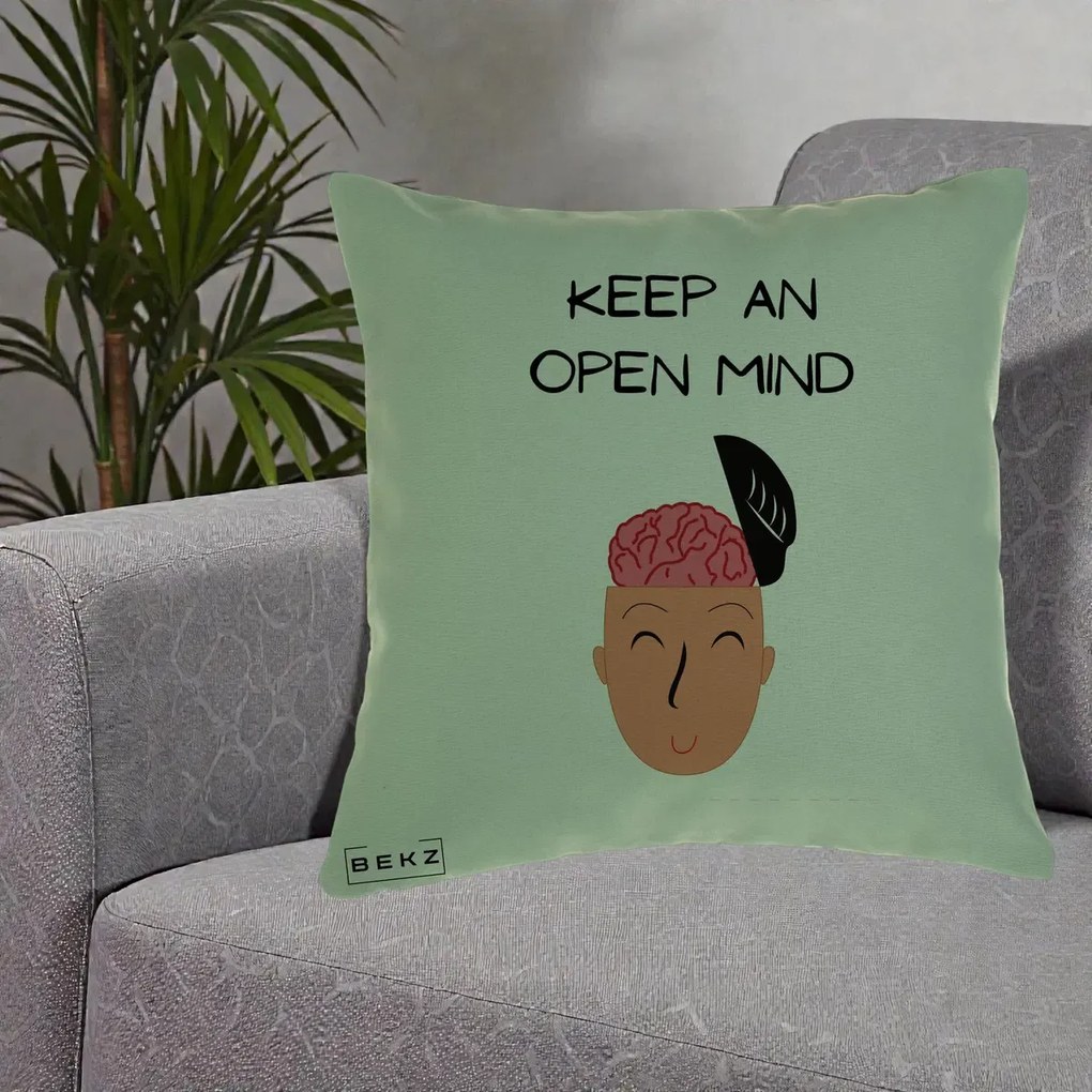 Perna Decorativa Keep An Open Mind, 40x40 cm, Verde, Husa Detasabila, Perna Inclusa, BEKZ®