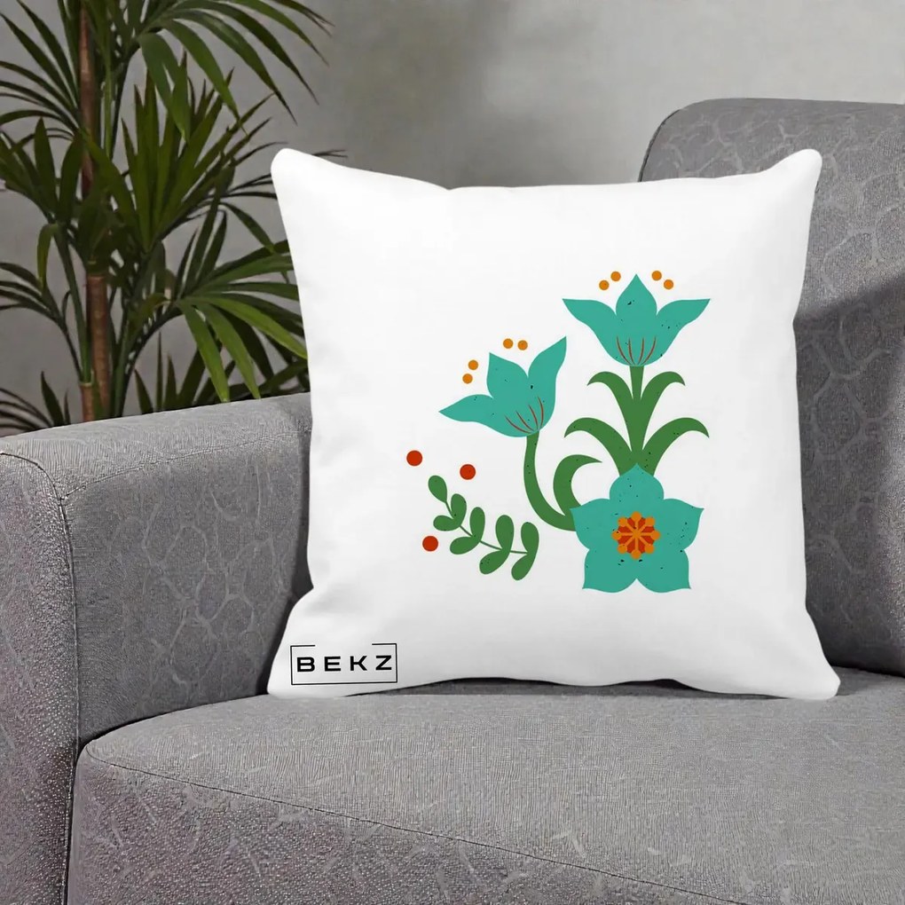 Perna Decorativa Flori Stilizate Folk Turcoaz, 40x40 cm, Alba Mata, Husa Detasabila, Perna Inclusa, BEKZ®