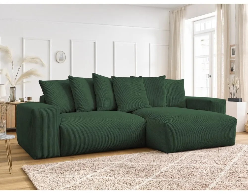 Colțar verde extensibil/cu spațiu de depozitare cu tapițerie din catifea reiată Voltaire – Bobochic Paris