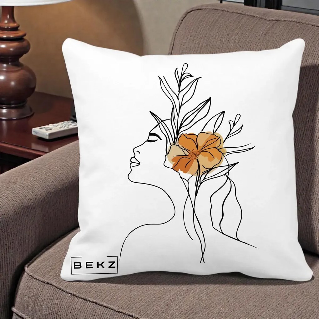 Perna Decorativa Portret Feminin Floare Portocalie Lateral, 40x40 cm, Alba Mata, Husa Detasabila, Perna Inclusa, BEKZ®