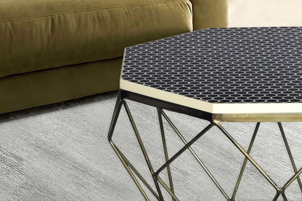 Masuta de cafea rotunda, Mozaic incrustat, Alb-Negru, DIAMOND BONE INLAY 70cm