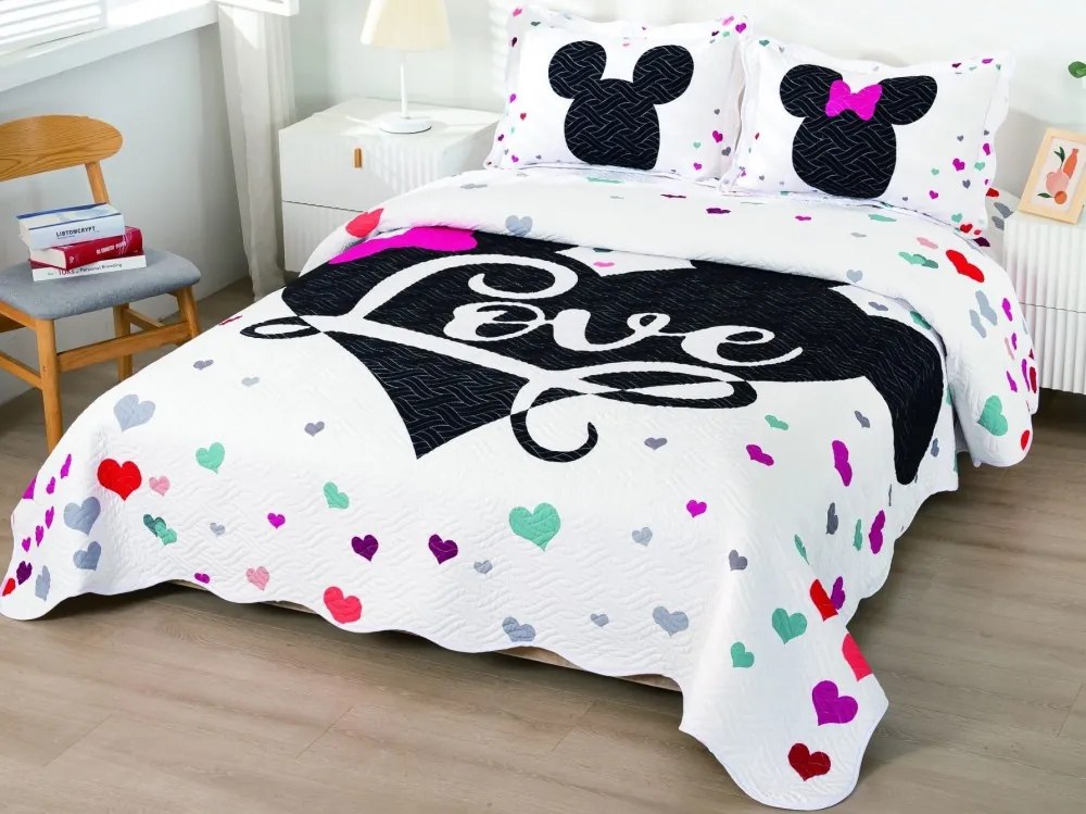 Cuvertura pat dublu  din bumbac tip finet  Identica cu Poza  3 PIESE  Alb  Mickey&amp;Minnie Mouse  inimioare