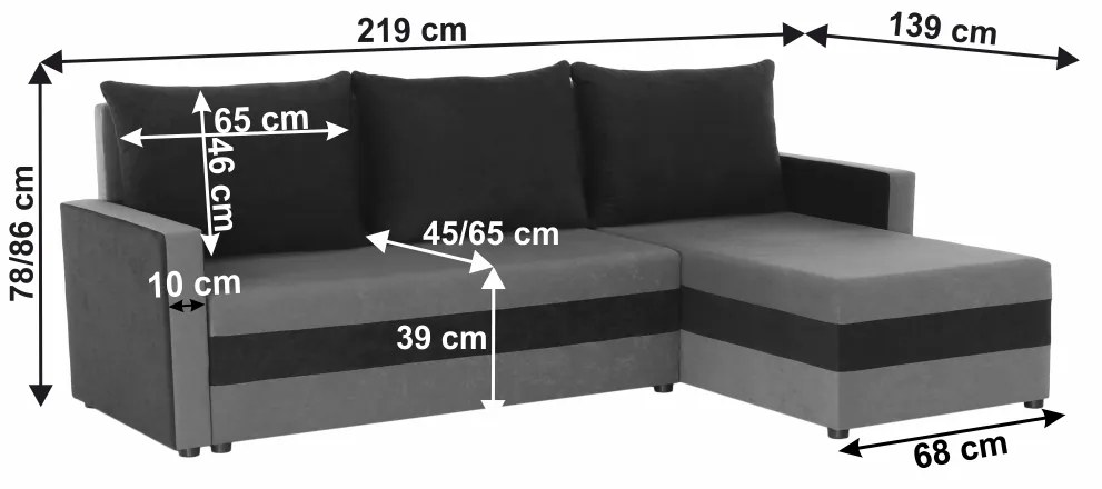 Coltar extensibil modern, cu spatiu depozitare, universal, stanga-dreapta, stofa gri negru, 219x139 cm, Bortis Impex