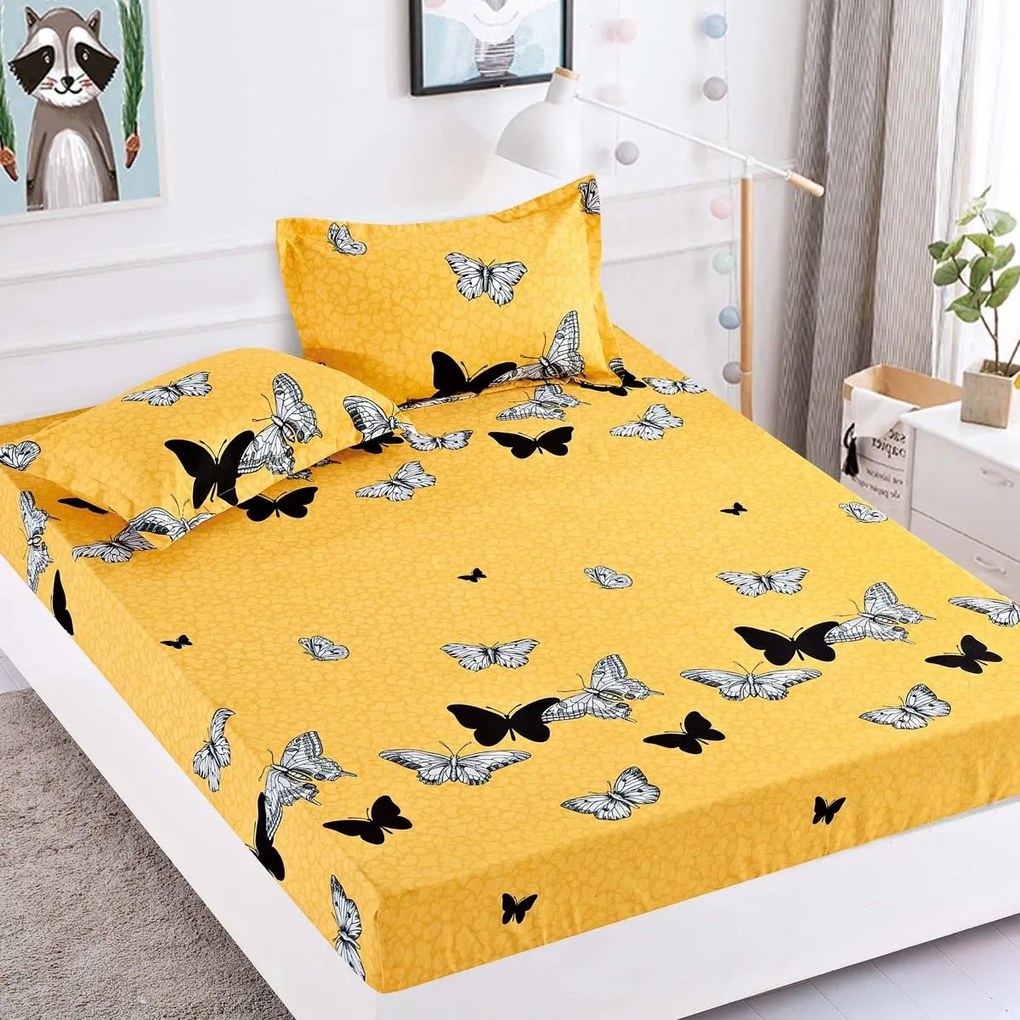 Husa Din Bumbac Tip Finet Cu Elastic 1 Persoana, Yellow Butterflies