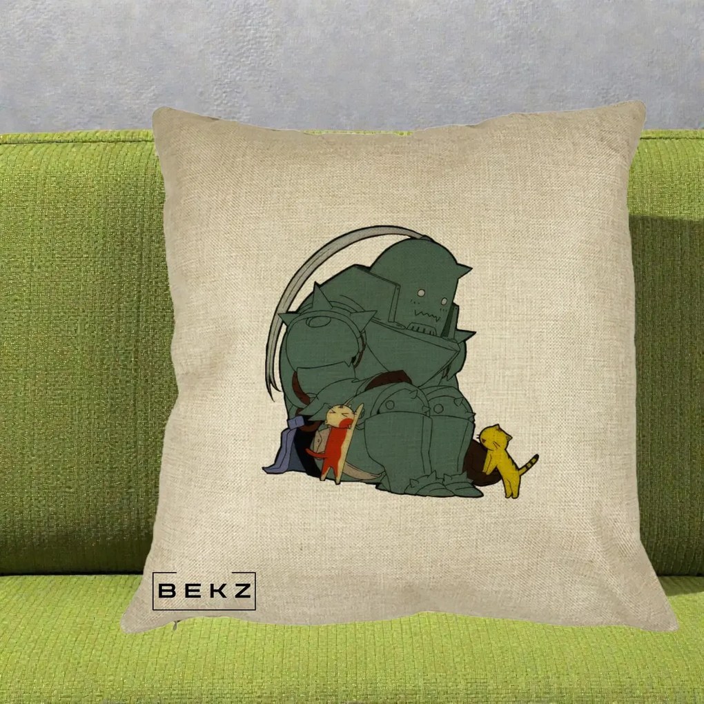 Perna Personalizata Fullmetal Alchemist Alphonse cu Pisici, 40x40 cm, Crem, Husa Detasabila, Perna Inclusa, BEKZ®