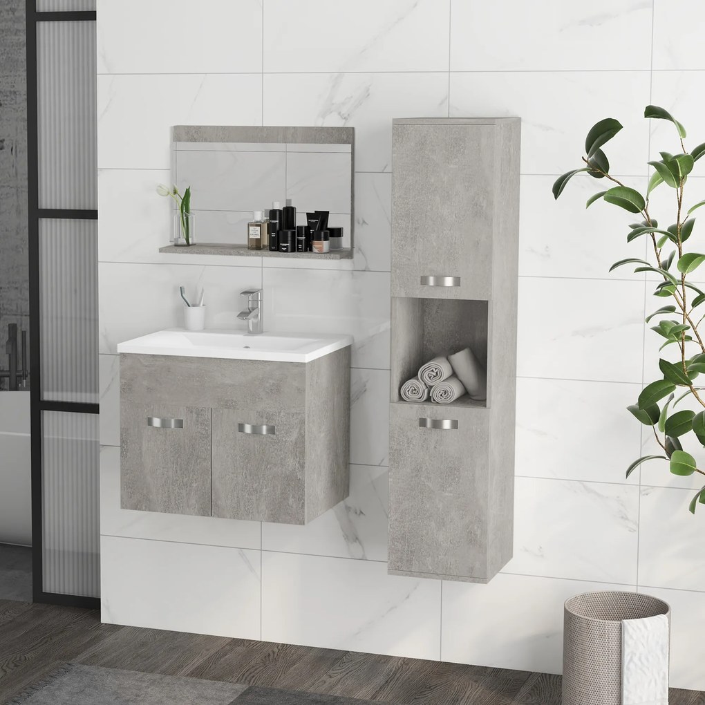 Set de Mobilier de Baie din 3 Piese, Montare pe Perete, cu Dulap cu Oglinda, Dulap de Depozitare Inalt, Gri Kleankin | Aosom Romania