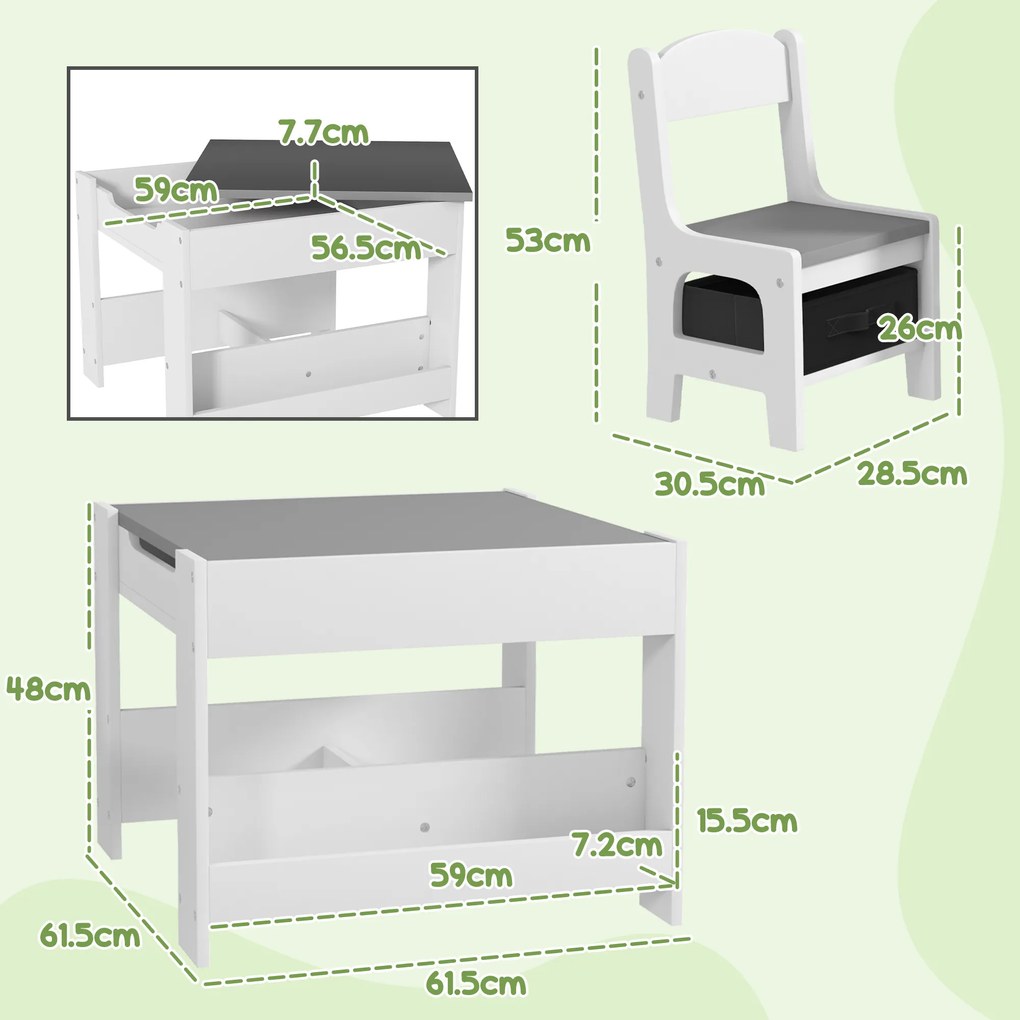 HOMCOM 3PCs Kids Table and Chair Set with Blackboard, Storage, Bookshelves, Grey | Aosom Romania