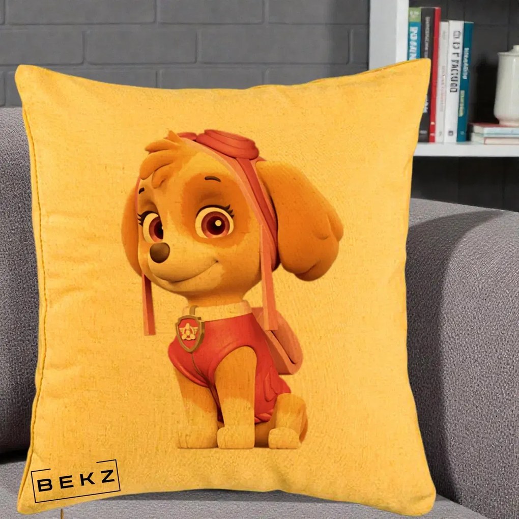 Perna Personalizata Skye PAW Patrol Roz, 40x40 cm, Galben, Husa Detasabila, Perna Inclusa, BEKZ®