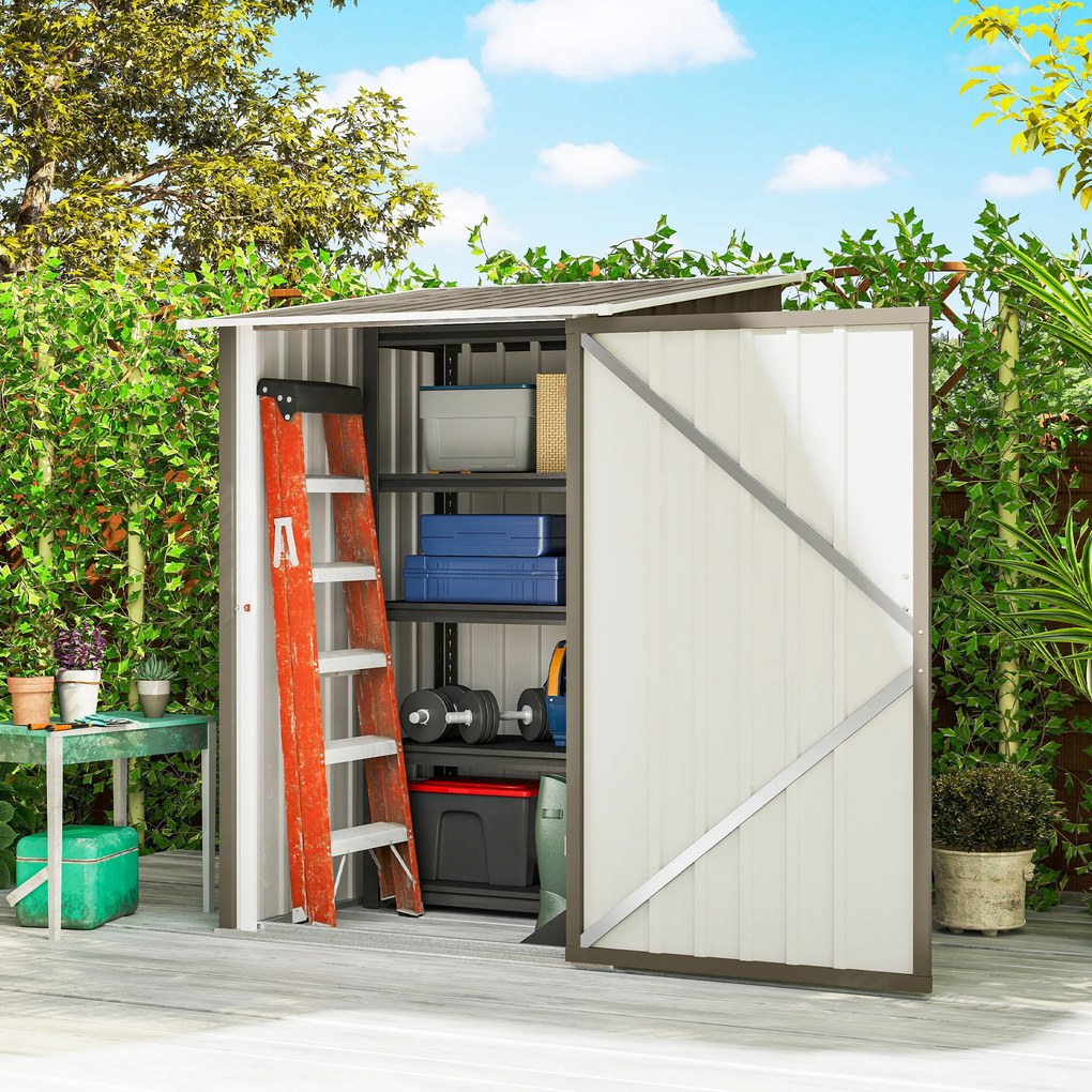 Outsunny Magazie de Grădină 0,92m² din Oțel Galvanizat, Depozit pentru Unelte cu Ușă Blocabilă, Acoperiș Înclinat, 100x104x160 cm, Maro și Alb | Aosom Romania
