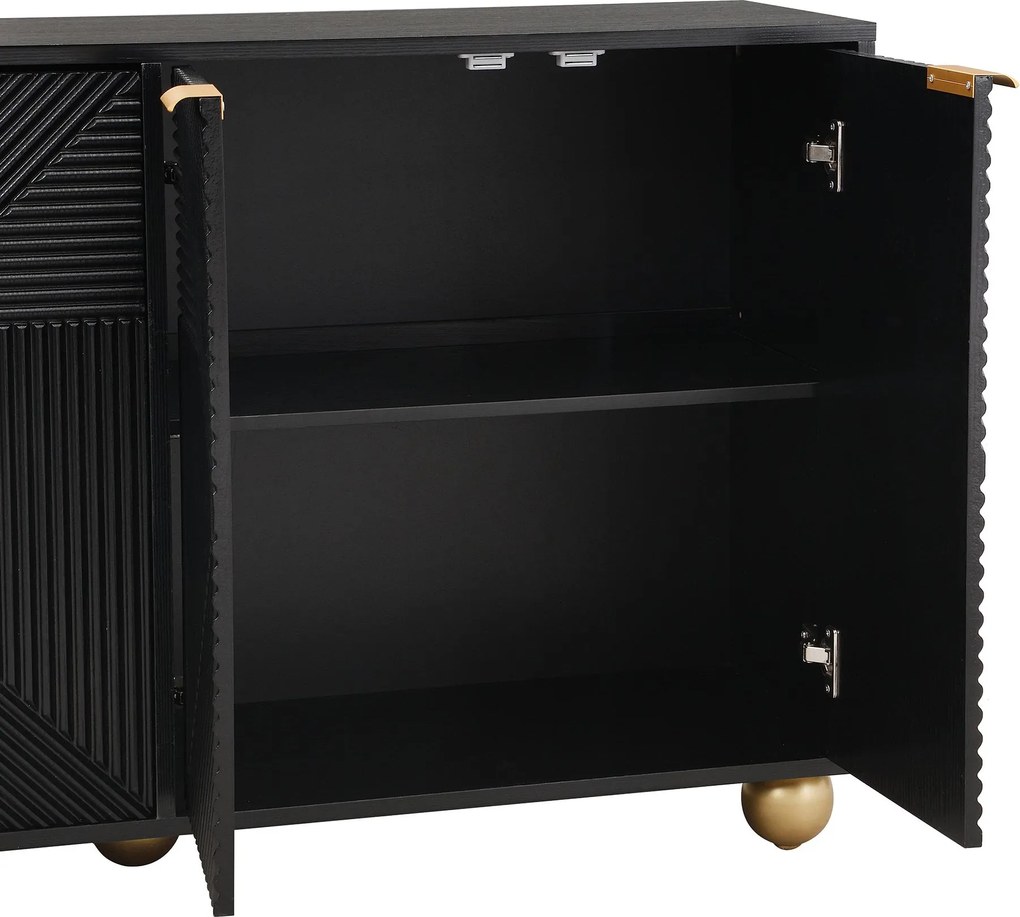 Bufet cu patru uși gravate, mânere metalice și picioare sferice, mult spațiu de depozitare, 120x35x71,5 cm, Negru