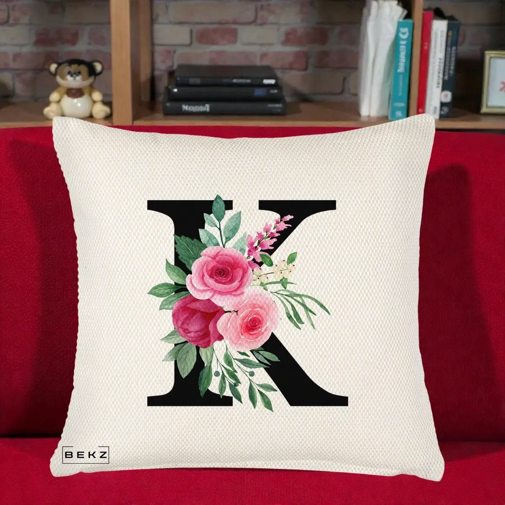 Cadou Personalizat - Perna Personalizata Monograma Florala Litera K, 40x40 cm, Crem Reliefat, Husa Detasabila, Perna Inclusa, BEKZ®