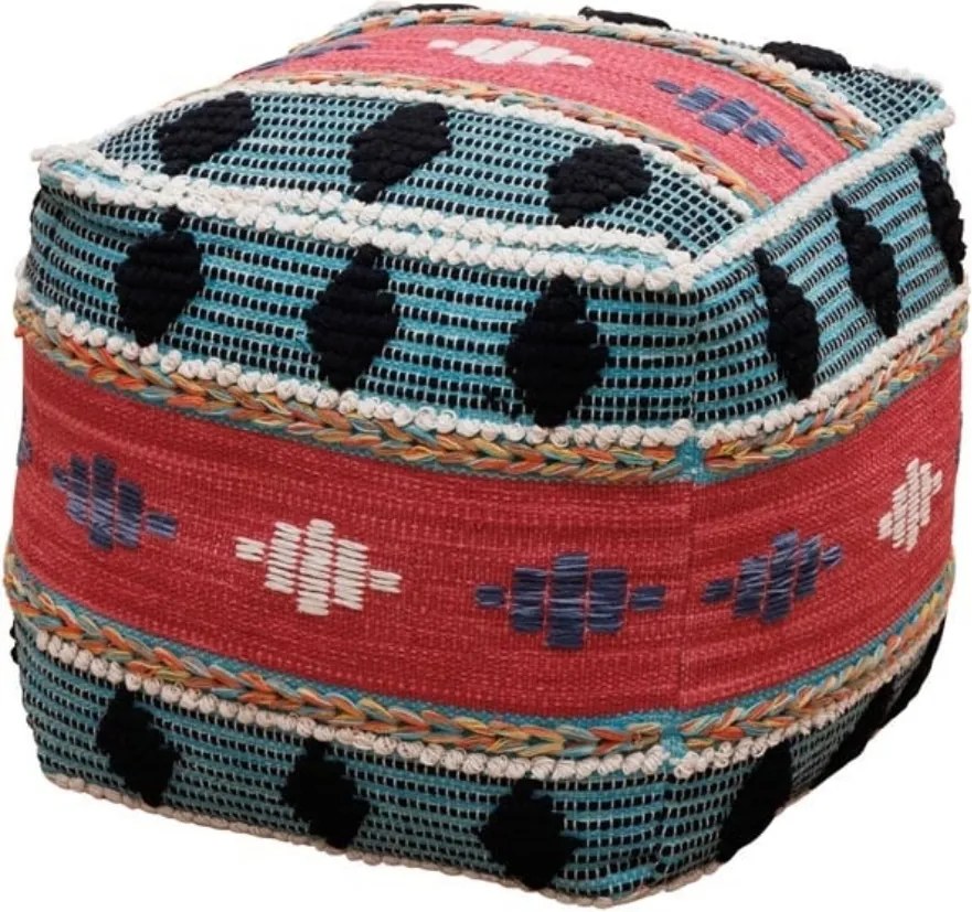 Puf etnic cubic din bumbac, multicolor, cu bucle și romburi în relief, 50 x 50 x 50 cm, „Mariachi”