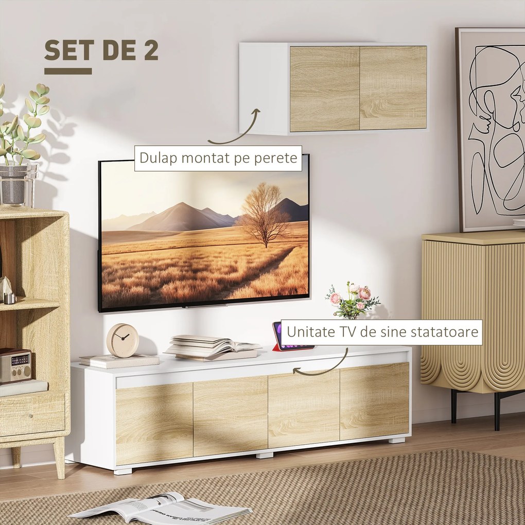 Set de 2 Piese pentru Televizor cu Dulap de Perete, Unitate de Divertisment Independenta pentru Televizoare, Natur HOMCOM | Aosom RO